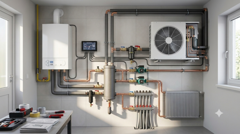 Obraz przedstawia techniczną wizualizację instalacji hybrydowej w pomieszczeniu technicznym