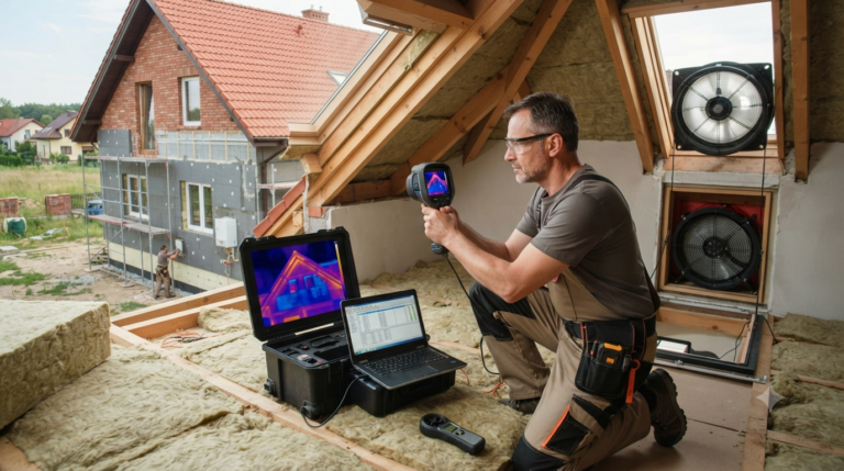 Na obrazie przedstawiony jest audytor energetyczny pracujący na poddaszu domu jednorodzinnego, w trakcie przeprowadzania pomiarów technicznych
